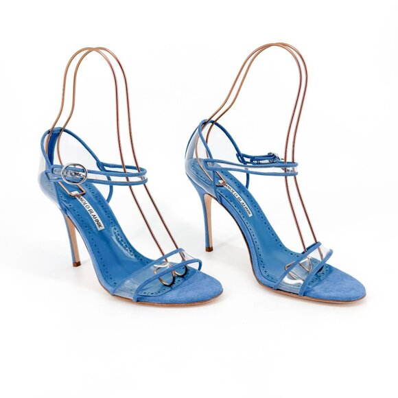 Manolo Blahnik Fersen PVC Sandals Size 40 US 10 Blue Suede High Heels Clear 105 - Picture 1 of 15